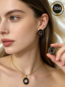 一套几何圆形滴油304不锈钢项链、耳环，优雅别致，适合日常佩戴，母亲节礼物 - 圓型 - 查看 7