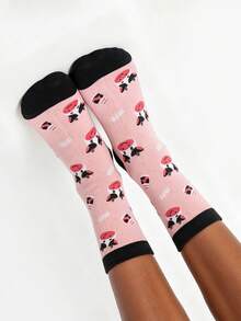 1 Pair Women's Socks, Japanese Style Black & White Cow Print Mid-Calf Socks, Personalized Pattern Versatile Sports Unisex Couple Socks, Cartoon Colorful Jacquard Socks, Happy Socks - Multicolor - View 3