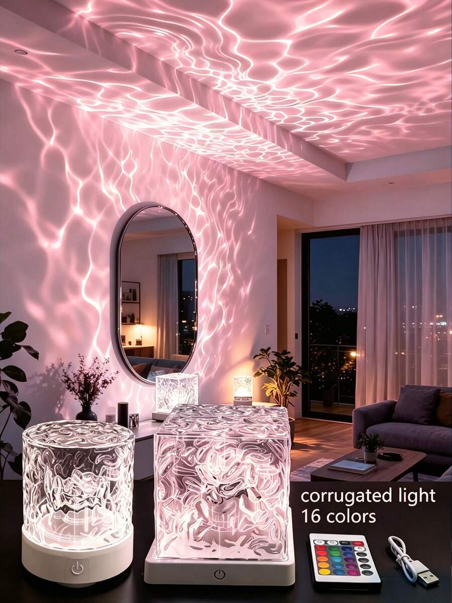 16 Color LED Cube Projector Light, 3D Holographic Water Wave Effect, Romantic Ambiance Lighting, Suitable For Kids Room, Meditation, Relaxation, Bathroom And Nightlight. This 16-Color Changing Ocean Wave Projection Lamp Is Dimmable, Waterproof, With Remote Control, Featuring Rotating Flame And Water Ripple Lighting Effects, Applicable For Shower, Bathroom And Bedroom Decor. (Plug-In) - 彩色 - 查看 1