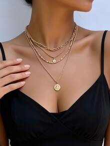 Bohemian Style Women's Multi-Layer Necklace, Vintage Coin & Sun Pendant Multi-Layer Necklace Jewelry Accessories, Y2K Multi-Layer Gold Necklace, Retro Sun Coin Pendant Multi-Layer Gold Necklace For Daily Wear - Layered Necklace - View 2