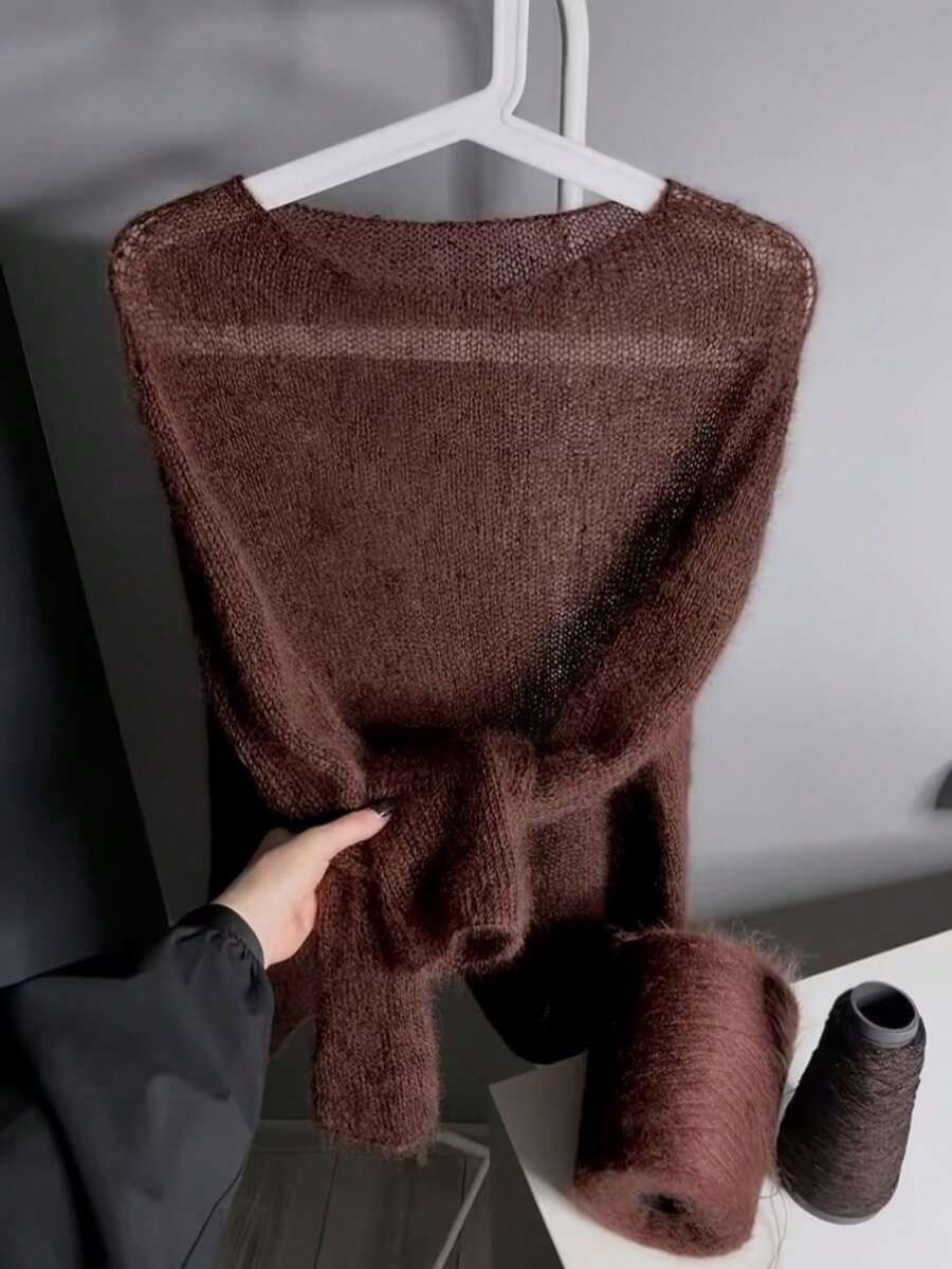 Caramel Color Mohair Knit Sweater, Korean Soft Style Boat Neck Loose Oversized Thin Long Sleeve Pullover For Women