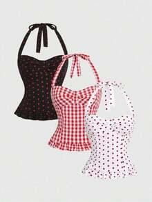 Women's Romantic Vacation Style Polka Dot & Plaid Backless Halter Neck Camisole Set - Multicolor - Ver 12