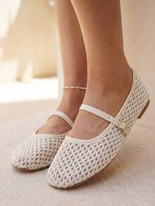 Giày bệt nữ thời trang mới, kiểu dáng casual, chất liệu lưới phối màu tương phản, màu be, thích hợp cho đi làm hàng ngày, hẹn hò, du lịch (Họa tiết không đều) - Màu be - Xem 2