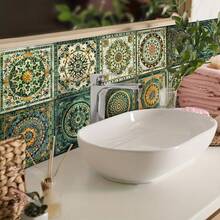 60pcs 10x10cm Bohemian Style Ceramic Tile Stickers, Customizable Pattern, Suitable For Living Room, Kitchen And Bedroom Wall Decor, PVC Wall Stickers For Home Decoration, Entryway And Wardrobe - Bohemian Style Kitchen Stickers - View 4