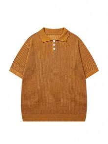 BLACKTOEXIT 春夏中性男士純色 Polo 領商務休閒通勤簡約百搭鈕扣半開領網眼鏤空舒適針織短袖毛衣 - 黃色 - 查看 6