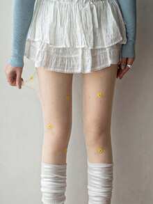 1 Pair Floral & Rhinestone Decorated Pantyhose/Tights - Available In 4 Colors: Blue/White/Black/Yellow. This Pantyhose Features A 3D Rhinestone And Petal Pattern Design, With A Sensual Aesthetic. The High-Waist Design Prevents Slipping, Making It Very Suitable For Spring And Summer Wear. It Pairs Perfectly With Cute-Style Outfits. - Multicolor - View 9