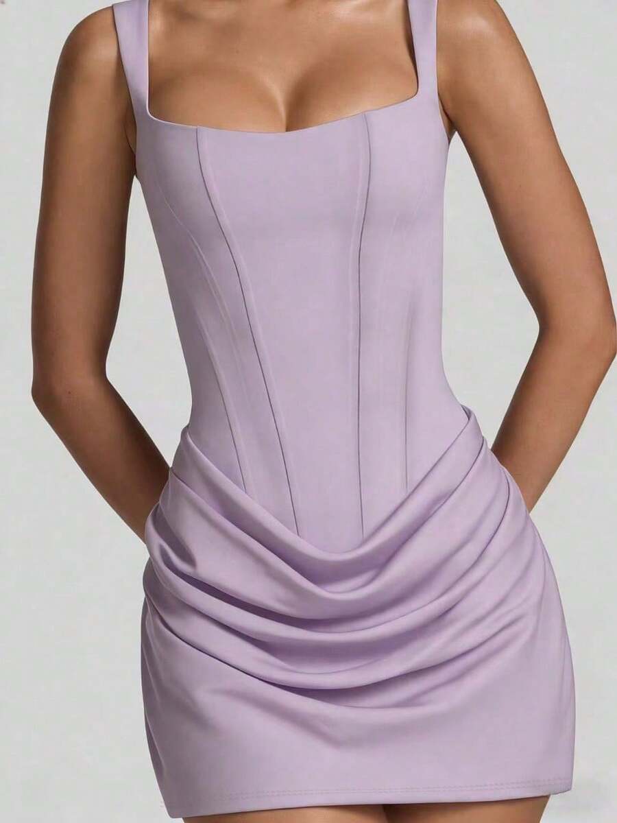 1pc Fashionable Sexy Women's Spaghetti Strap Ruched Waist Dress Elegant - Mauve Purple - View 1