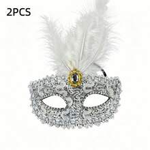 Bộ 2 mặt nạ lông vũ quyến rũ kiểu Venice, mặt nạ nửa mặt đính đá và ren cho nữ, thích hợp cho dạ hội hóa trang, trang phục Halloween. - 2 chiếc màu đen + trắng - Xem 14