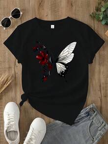 Red Butterfly Print T-Shirt - Lightweight 100% Cotton Short Sleeve Crew Neck Top, White With Black And Red Butterfly And Leaf Design, Casual Summer Blouse, Machine Washable, Comfortable Stretch Fabric, Perfect Gift Idea For Women, Stylish And Versatile For Spring/Summer/Fall, Bold Graphic Print With Black And Red Butterfly Pattern, Relaxed Fit For Casual Outfits-X - Black - View 7