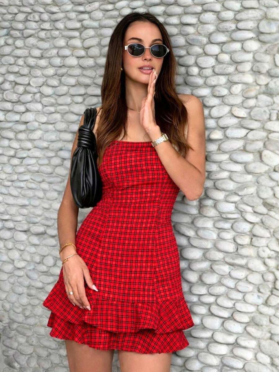 Short Plaid Dress With Bare Back And Crossover For Women's June Party, São João, Duna, Frill, S To L - 紅色 - 查看 1