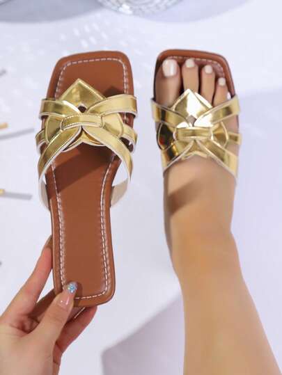 Gold Bow Tie Square Toe Flat Sandals For Women, Soft Bottom, Retro One-Strap Design, Non-Slip, Comfortable For Long Wear, Slip-On, Suitable For Indoor And Outdoor
