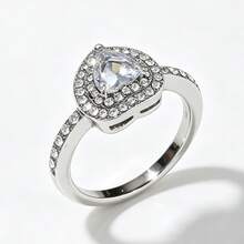 1枚女士银色心形锆石戒指，心形设计时尚首饰，百搭戒指，情人节礼物 - 銀色 - 查看 1