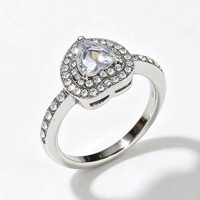 1枚女士银色心形锆石戒指，心形设计时尚首饰，百搭戒指，情人节礼物