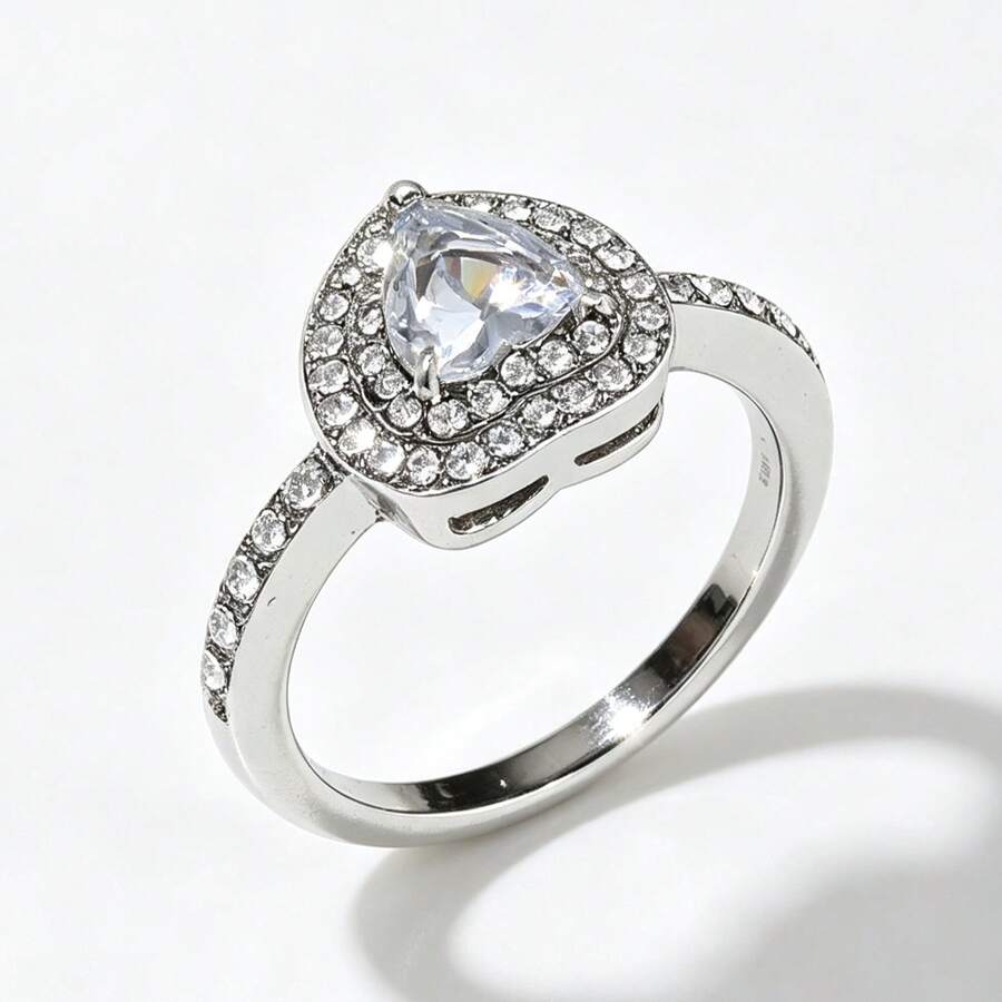 1枚女士银色心形锆石戒指，心形设计时尚首饰，百搭戒指，情人节礼物 - 銀色 - 查看 1