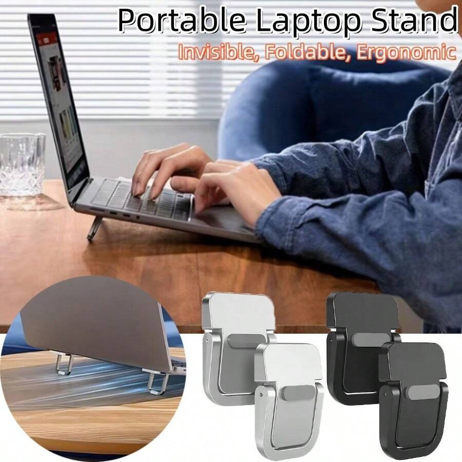 4/2 piezas Soporte portátil ajustable para computadora portátil, invisible, plegable, diseño ergonómico, soporte de escritorio para computadoras portátiles de 10 a 18 pulgadas, tabletas, teclados y teléfonos, material ABS - Soporte para computadora portátil, almohadilla de enfriamiento, base portátil plegable, elevador