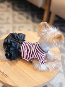 1pc Striped Top With Faux Leather Skirt, Comfortable Breathable Pet Dress, Fashionable For Yorkshire Terrier, Chihuahua, Miniature Dogs Daily And Party Wear, Cute Ruffle Pet Outfit - Multicolor - View 28