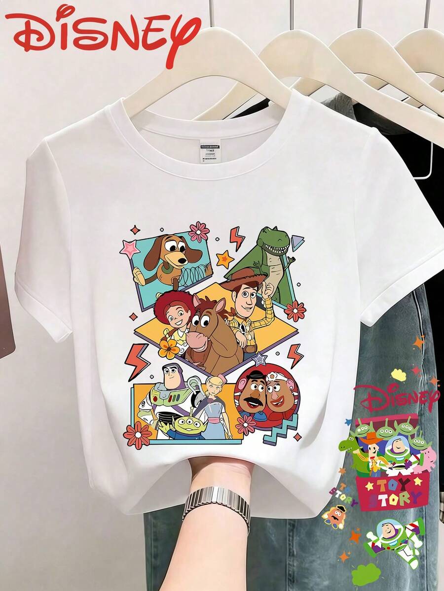 Disney Toy Story Cartoon Storybook Print Spring/Summer Round Neck Short Sleeved T-Shirt, Casual And Versatile, Comfortable Fabric, Suitable For All Seasons - 白色 - 查看 1