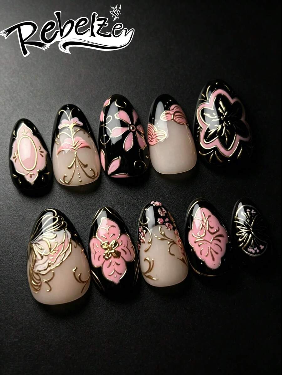 10 piezas de pegatinas de uñas estilo retro Y2K hechas a mano, uñas acrílicas brillantes de forma almendrada de longitud media-larga para todas las estaciones, estilo japonés Harajuku Gyaru con base negra + nude, decoración de flores rosas + hueco dorado, adecuadas para citas, compras, fiestas de cumpleaños, bodas, etc., suministros de arte de uñas reutilizables fáciles de aplicar, arte de uñas de Halloween hecho a mano con uñas acrílicas, arte de uñas de vuelta a la escuela, técnicas simples de arte de uñas, uñas artificiales, puntas de uñas cortas, puntas de uñas negras, producidas en masa, uñas postizas - Multicolor - Ver 1