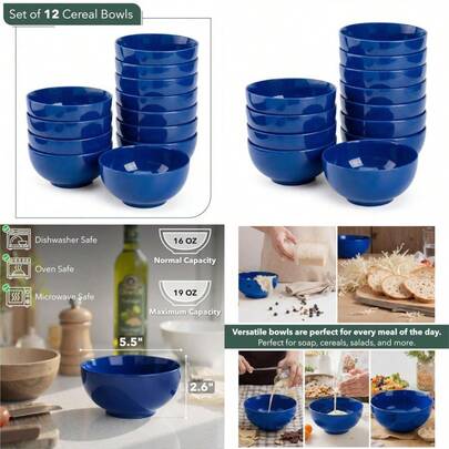 Brew To A Tea BTaT- Juego de 12 cuencos de sopa blancos 16 onzas platos de porcelana para sopa arroz ensalada fideos microondas horno congelador y lavaplatos cuencos de cereales blancos