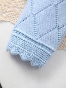 Girls' Spring Elegant Hollow Design Argyle Pattern + Lace Trim Knit Cardigan, Soft And Sweet, Suitable For Daily Wear Or Outings - Baby Blue - View 5