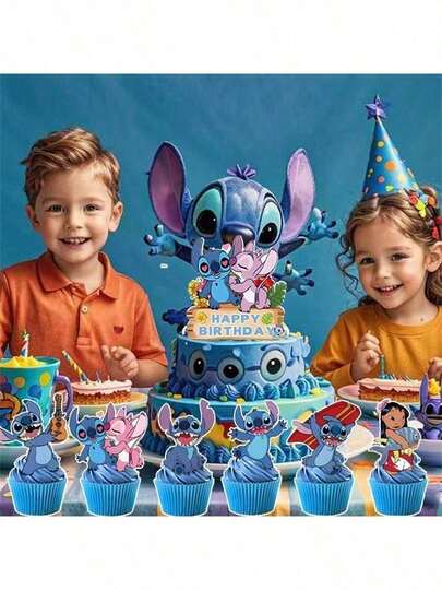 25pcs Blue Stitch Theme Birthday Party Cake Toppers, Family Birthday Party Decorations, Christmas Cake Decorations
