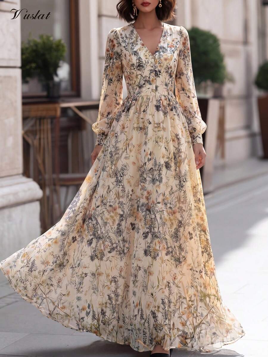 Vuslat 女款秋季復古 V 領花卉長袖洋裝,收腰大裙擺,優雅田園風,適合春季出遊與假期 - 彩色 - 查看 1