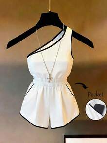 Women's New Halter Neck Criss-Cross Trim Fitted Bodysuit, Minimalist Versatile,White Top, Bodysuit White One Piece Bodysuit ,Leotard,Suitable For Work Commuting With An Intellectual VibeSummer ,Summer Holiday Outfits,Spring, Spring Outfit Women,Beach,Birthday,Birthday Dress,Going Out, Vacation,Casual,Y2k,Graduation Season Attire, Versatile And Stylish Everyday Casual Wear White Halter Bodysuit Halter Leotard,Black And White Color-Blocked, One-Shoulder, Color-Blocked, Fitted Waist, Stylish And Elegant Wide-Leg Sleeveless Jumpsuit For Women. White Jumpsuit, Suitable For Everyday Wear, Outings, White Top, White Pants, Women's Casual Wear, Summer Outfits, Summer Holiday Wear. - Blanco - Ver 7