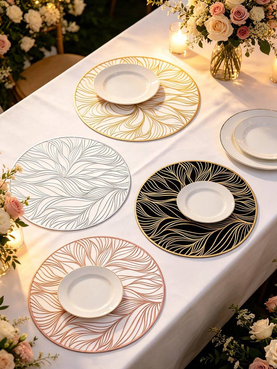 1/4/6pcs Creative Line Wave PVC Gold Foil Placemats & Coasters, Suitable For Home Dining Table Decor, Tea Cup Heat Insulation Pads, Protect Tabletop, Home Kitchen Tea House Coasters, Minimalist Style Coasters, Wedding Holiday Party Coasters - Multicolor - View 1