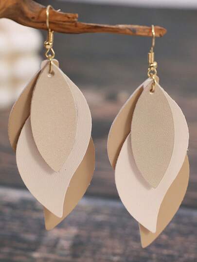 1对复古简约S形叶子多层浅色皮革耳环