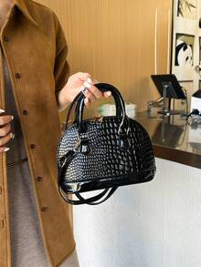 New Vintage Crocodile Embossed Zipper Shell Bag, Handbag, Shoulder Bag With Adjustable Strap, Suitable For Women Office, Shopping, Travel - Black - View 5