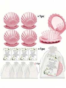 12pcs/4sets Shell Shaped Mirror & Comb 2-In-1 Set, Includes 4 Shell Mirrors, 4 Thank You Cards, And 4 Organza Bags, Suitable For Weddings, Bachelorette Parties, And Hen Parties - Multicolor - View 13