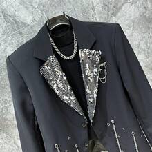 A Must-Have For Handsome Guys, Fashionable High-End Suit Jacket With Heavy Sequin Splicing Design, High-End Fashion Chain Decoration Suit Jacket, Men's Casual Suit Jacket, Fashionable Suit Suitable For Parties And Dinners - 黑色 - 查看 5