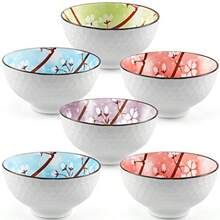 Ceramic Rice Bowls 10 oz Bowl Gift Set Assorted Color Dinnerware Serving Bowls for Rice Cereal Noodle Soup Desserts Pack of 6 Cherry Blossom - Sakura - Ver 3