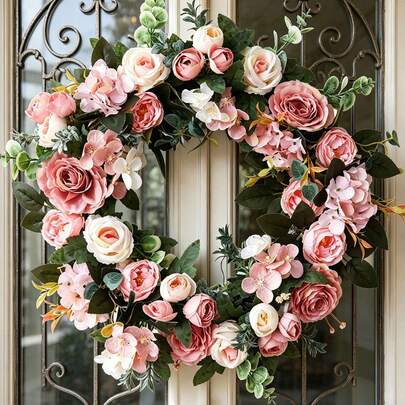 1pc Rustic Artificial Rose Wreath, Pink Faux Floral Wall Decor, Suitable For Indoor/Outdoor, Weddings, Holidays, Graduation, Home Decor, Mother's Day Wreath, Charming Countryside Style