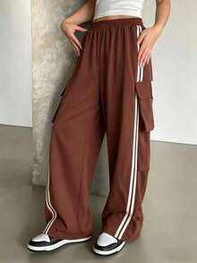 1pc Tween Girls' Loose Fit Side Stripe Cargo Wide Leg Pants, Relaxed Casual Trousers For Daily Wear & Commute - Brown - View 3