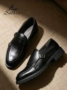 Salkin Vintage Designer Monk Strap Pointed Toe Slip-On Loafers For Men, Affordable Luxury For Modern Living, Elegant Gentleman Formal Dress Shoes Suitable For Middle-Aged, Young, Students, Office, Business, Party, Wedding, Groom, Spring/Summer/Autumn - Black - View 6