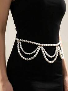1pc Multi-Layer Faux Pearl Wave Tassel Waist Chain, Sexy Body Chain Accessory For Women To Wear On Beach, Party, Gathering - Gold - View 3