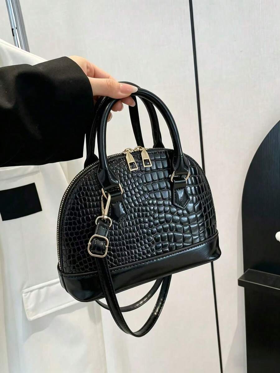 New Vintage Crocodile Embossed Zipper Shell Bag, Handbag, Shoulder Bag With Adjustable Strap, Suitable For Women Office, Shopping, Travel - Black - View 1