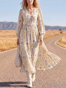 Vuslat 女士夏季复古碎花长袖V领连衣裙，波西米亚风系带飘逸休闲度假户外野餐连衣裙，适合度假、户外活动、夏季假日穿着。 - 杏色 - 查看 11