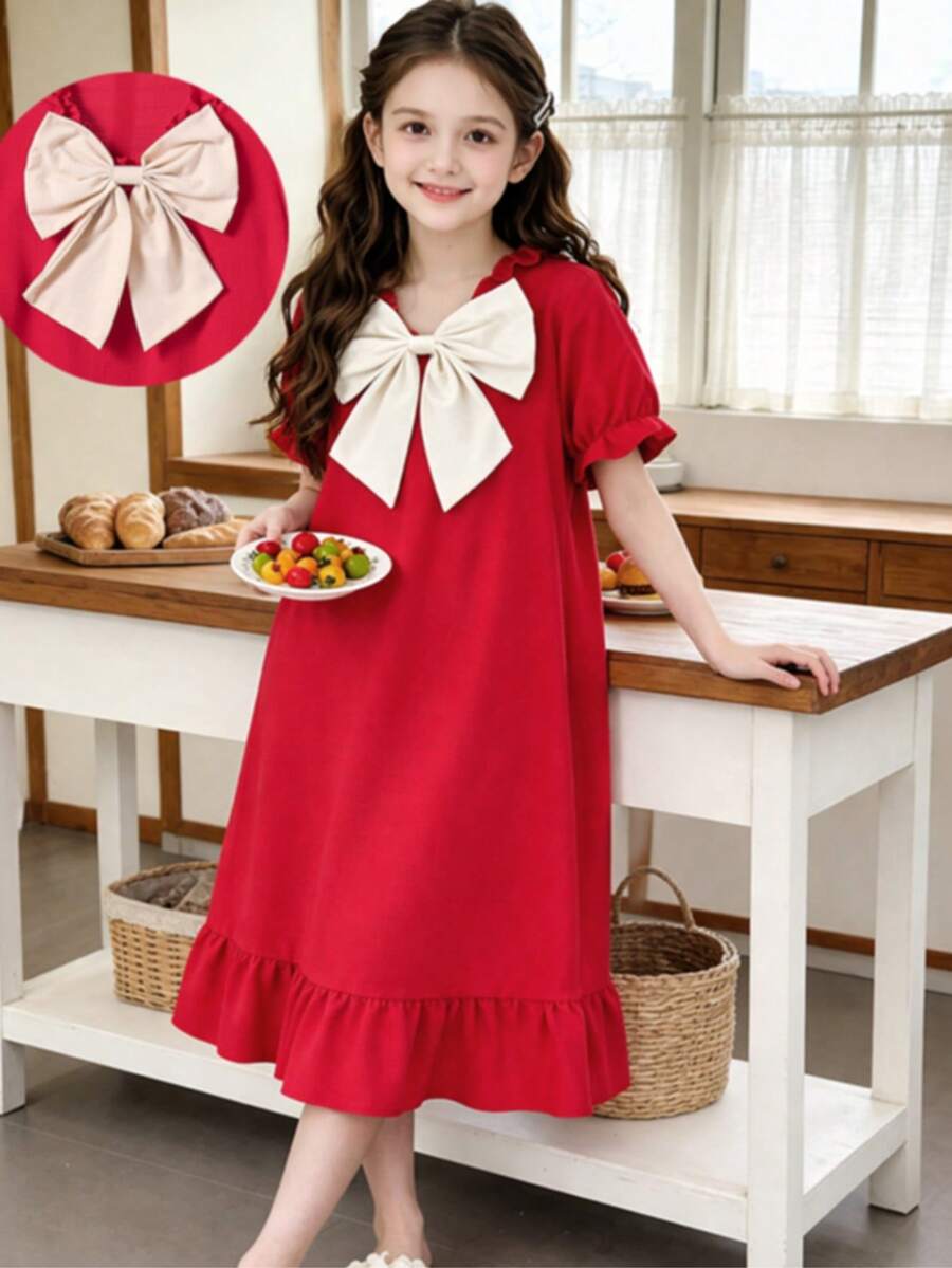 Cute & Comfortable V-Neck Bowknot Girls' Nightgown, With Pleated Collar Design And Fashionable Bow Decor. Soft Fabric, Easy To Put On And Take Off, Suitable For Spring, Summer And Autumn Wear, Also An Ideal Gift For Daughter On Valentine's Day - Red - View 1