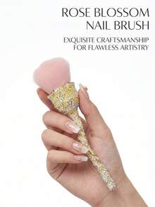 1 pieza Cepillo de arte de uñas con forma de rosa de platino con rhinestones, todo el mango incrustado con rhinestones brillantes, lujoso y elegante, cerdas suaves de color rosa pálido que limpian suavemente el polvo y los residuos de las uñas - Dorado - Ver 5