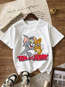 SHEIN X Tom & Jerry 夏季女款短袖T恤，經典卡通角色同框趣味印花搭配品牌字母設計，休閒白色 - 白色 - 查看 4