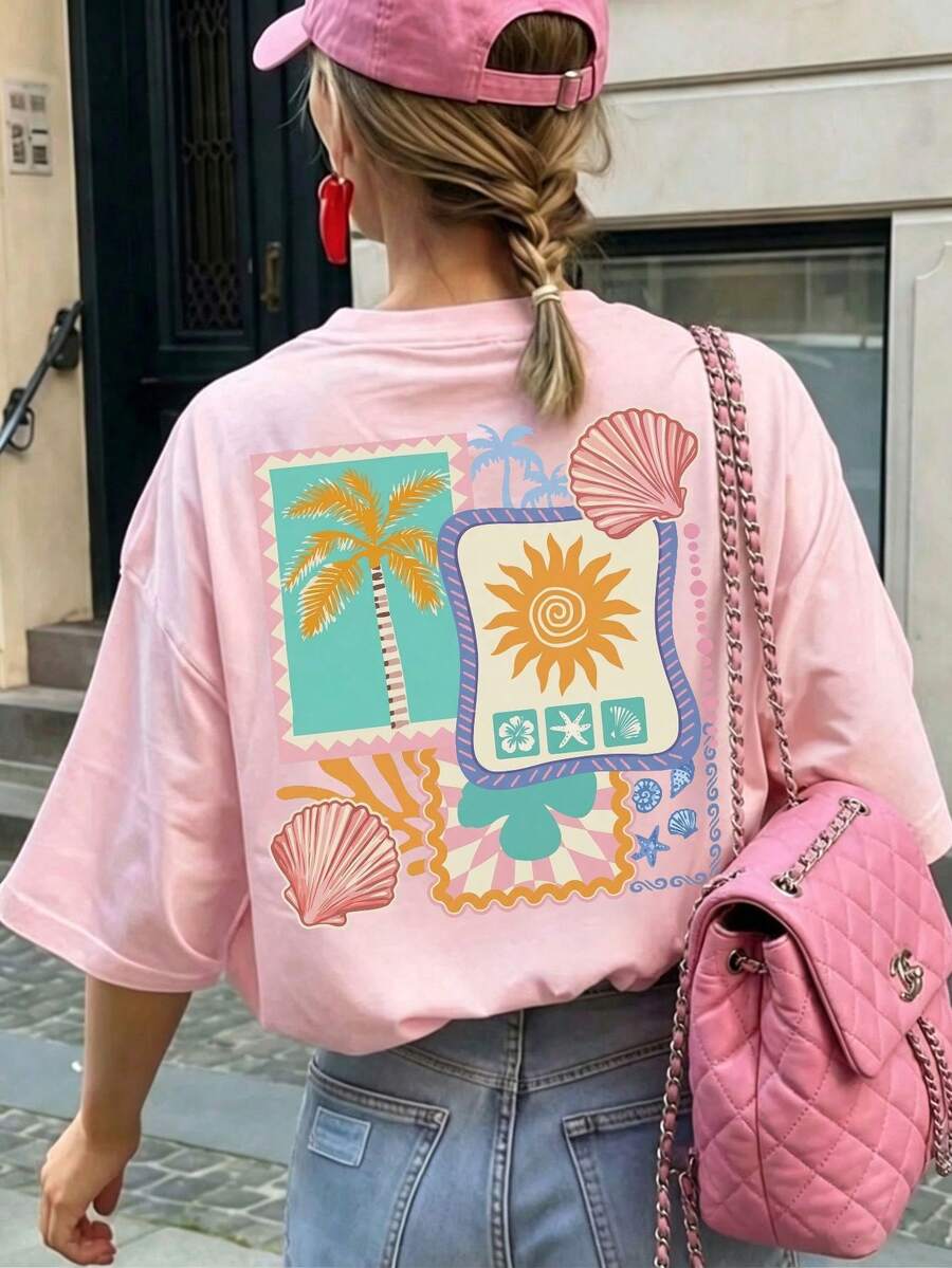 Camiseta de manga corta con cuello redondo, de estilo retro, dulce y versátil para vacaciones en la playa, con estampado, para mujer, color rosa - Rosa - Ver 1