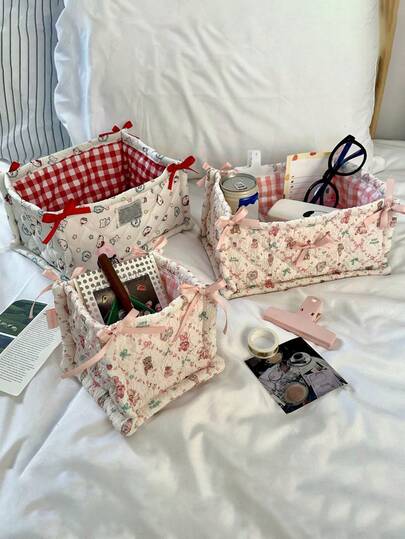 Cute Cartoon Quilted Storage Basket, Fabric Foldable Desktop Organizer Bin With Bow, Sweet Plaid Lining Cosmetic Sundries Storage Box For Bedroom Dorm
