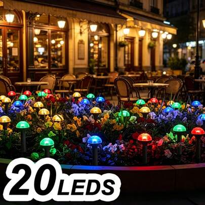 Đèn trang trí sân vườn hình nấm năng lượng mặt trời 20 bóng LED, làm bằng nhựa và được thiết kế để lắp đặt trên mặt đất, lý tưởng để trang trí bãi cỏ, vườn, sân trong và biệt thự, tăng thêm không khí Giáng sinh với ánh sáng, có thiết kế lắp đặt bán chìm.