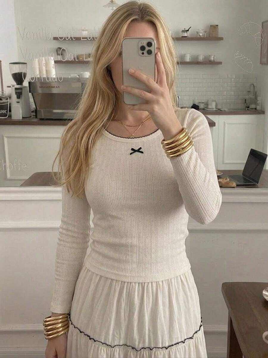 Women's Crew Neck Long Sleeve Ribbed White Top With Cute Bow Decor - Apricot - View 1
