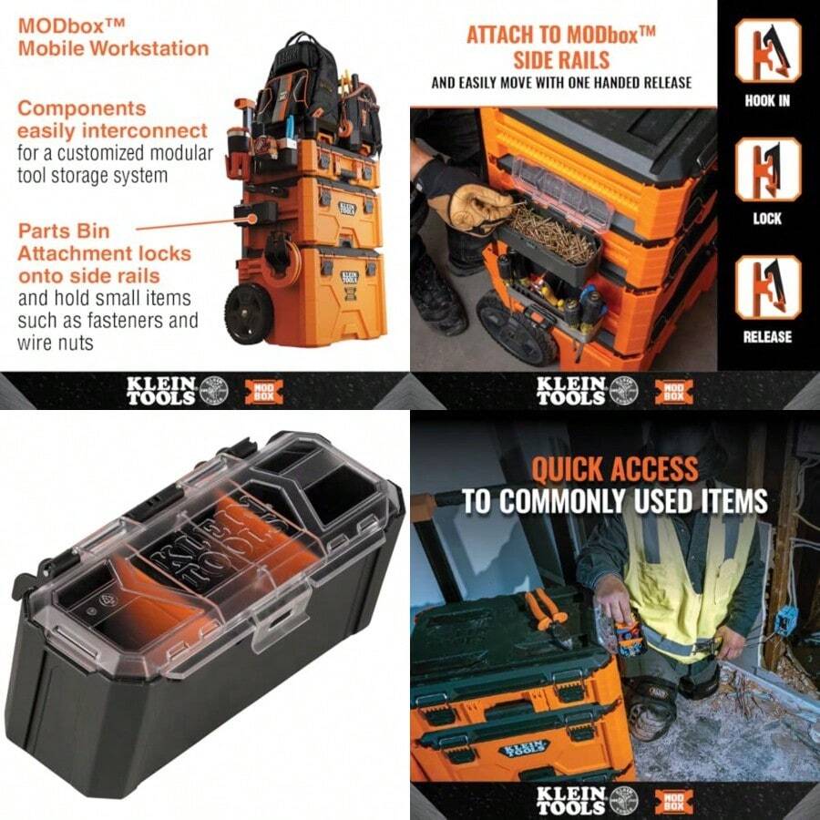 Klein Tools 54815MB MODbox - Contenedor de piezas modular accesorio de montaje lateral fácil de colocar con una sola mano tapa transparente - Gris oscuro con tapa transparente - Ver 1
