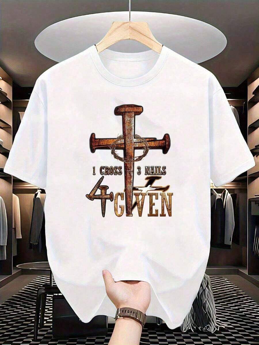 Camiseta de fe cristiana para hombre con diseño "1 cruz, 3 clavos, 4 donaciones" - Camiseta gráfica religiosa negra y dorada, cuello redondo informal de manga corta, cómoda para todas las estaciones, ideal para iglesia, atuendo casual y eventos cristianos - Tallas unisex para adultos y jóvenes disponibles. - Blanco - Ver 1