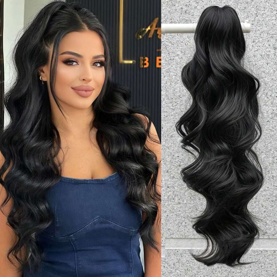 Claw Clip In Ponytail Extensions Wavy Long 22 Inch Synthetic Fake Hairpiece For Women Black - Multicolor - View 1