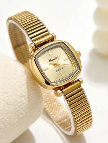 1pc Elegant Retro Women's Quartz Watch, Small Square Dial, High-Quality Alloy Case, Luxury Refined, Minimalist Fashionable, Suitable For Daily Commute And Office, Pairs Perfectly With Modern Casual Outfits, Ideal For Outings, Work, Commute, Parties, Weddings, And A Perfect Gift For Wife, Sister, Friend, And Family On Birthdays, Anniversaries, Mother's Day, And Other Special Occasions, A Refined Ladies' Watch Accessory - Gold - View 2